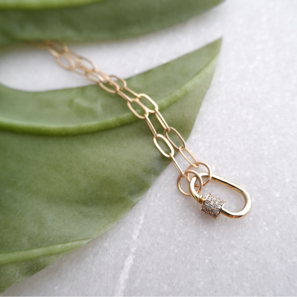 Small Carabiner Lock Clasp | Gold Vermeil | Cubic Zirconia Diamond Pave